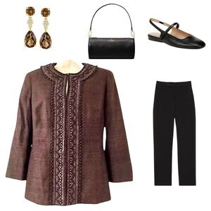 🤎 Talbots Collection 100% Silk Beaded Trim Jacket | Quiet Luxury | Size 8